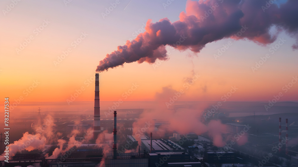 Areal view of factory. Smoke from industrial chimney. Urban landscape drone photo
