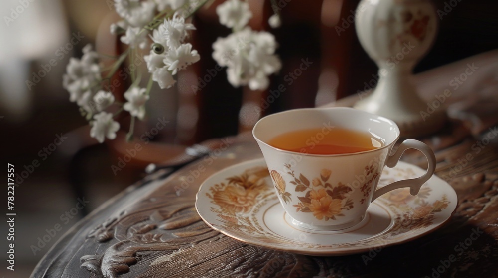 A cup of tea on a saucer resting on a table. Suitable for various lifestyle and relaxation concepts A cup of tea on a saucer resting on a table. Suitable for various lifestyle and relaxation concepts