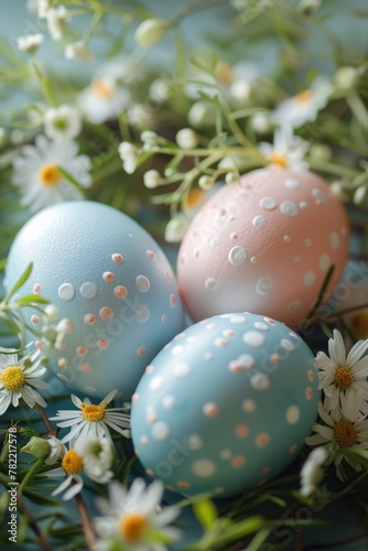 Colorful Easter eggs on a table, perfect for holiday designs