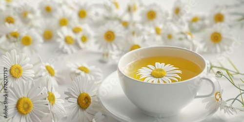 A cup of tea on a saucer surrounded by daisies. Suitable for tea or nature concepts