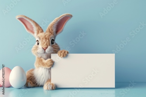 Cute bunny holding a sign with Easter eggs, perfect for Easter promotions