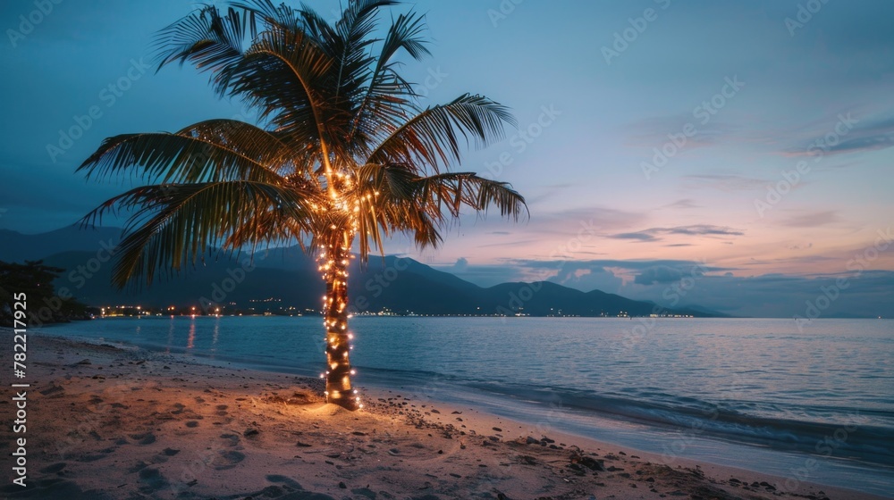 Fototapeta premium Festive palm tree with colorful lights, perfect for holiday concepts