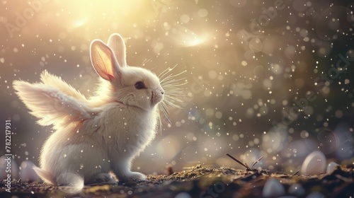 A cute white rabbit sitting on a dirt field. Suitable for nature and animal themed designs © Fotograf