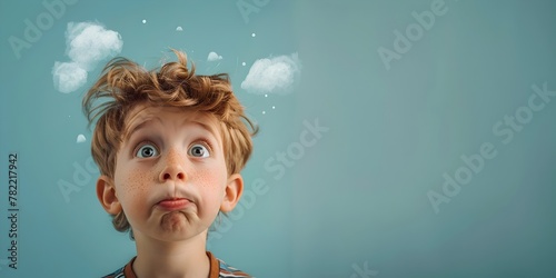 Perplexed child character with scrunched face in humorous whimsical digital art style with copy space photo