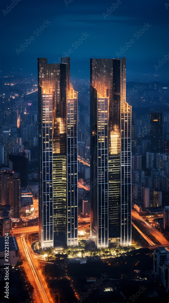 Obraz premium Night view of modern city commercial office building