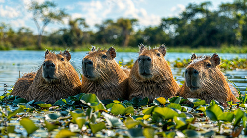 A capybara family sitting in a south american lake