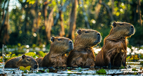 A group of four capybaras in a tropical lake photo
