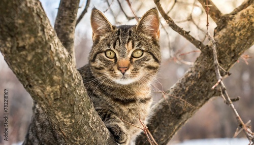 Whiskered Adventure: Tabby Cat's Misadventure in Tree on Spring Day