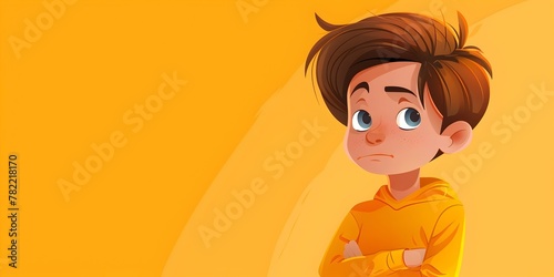 Boy Character Squinting in Suspicion with Guarded Gaze on Bright Yellow Background