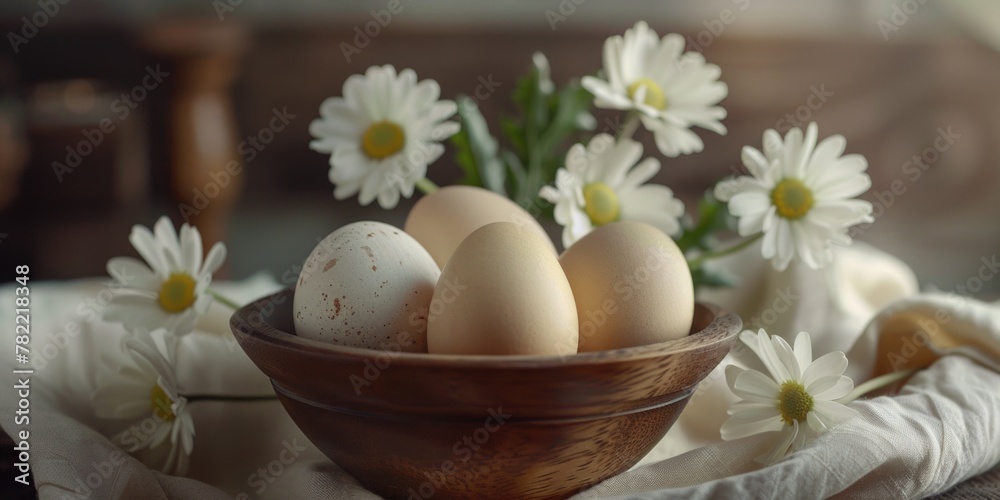 Fresh eggs and daisies in a rustic wooden bowl. Great for farm or spring-themed designs