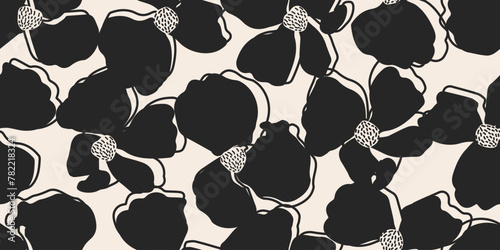 Hand drawn minimal abstract flowers. Seamless patterns with organic shapes black and white color for fabric, textiles, clothing, wallpaper, cover, banner, home decor, florals backgrounds.
