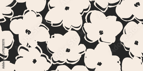 Hand drawn minimal abstract flowers. Seamless patterns with organic shapes black and white color for fabric, textiles, clothing, wallpaper, cover, banner, home decor, florals backgrounds.