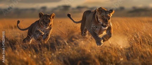 Two leopards in motion, one leaping, in a dusty savannah.