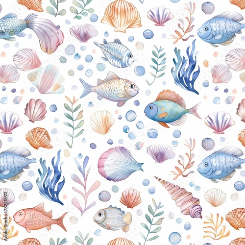 Watercolor seamless pattern of ocean theme. For fabric, silk, printing. 