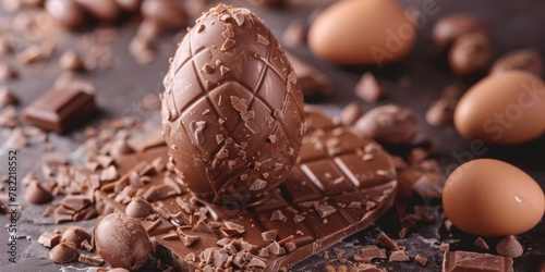 A chocolate egg sitting on top of a pile of chocolate. Perfect for Easter or dessert concepts