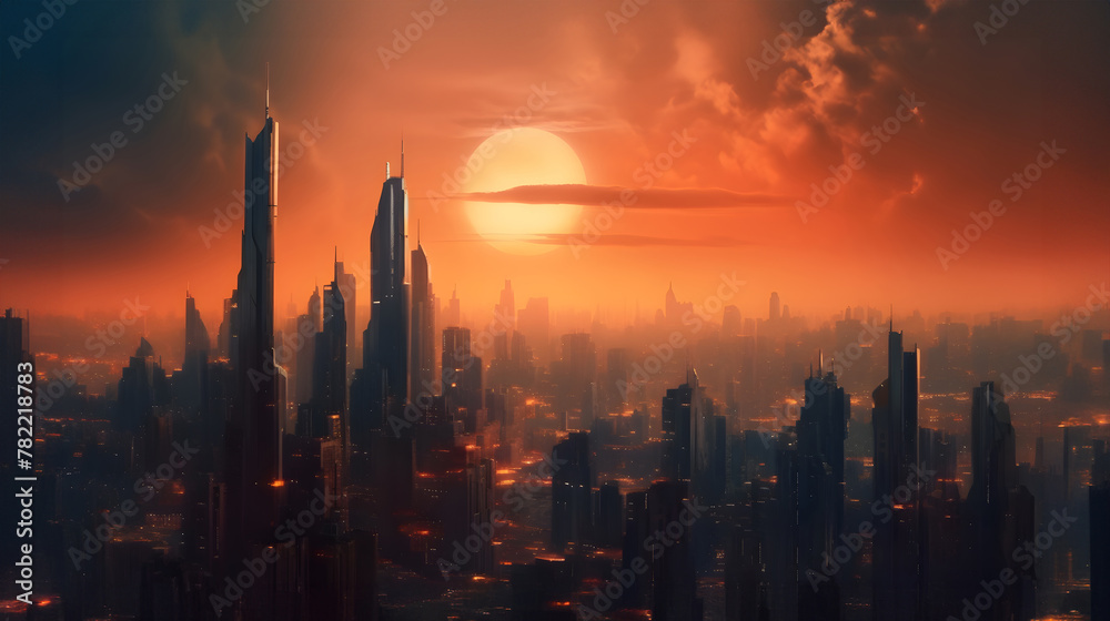 Futuristic cityscape at sunset: High-tech skyline under dramatic evening light