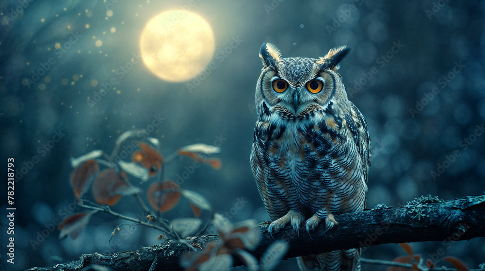 A great horned owl perching on a tree branch at night with a full moon in the background A great horned owl perching on a tree branch at night with a full moon in the background