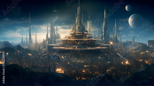 Futuristic cityscape with ethereal glow: Dystopian skyline under alien moons © TQNB