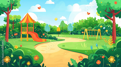 ark with children's games in spring, with lots of nature. flat design style.