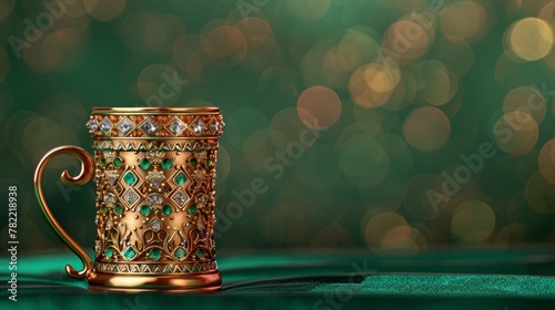 The Arabic coffee mug is a gift item that is made from gold, silver, copper, brass, aluminium, metallic or ceramic material, and decorated with semi-precious stones. photo