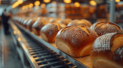 Bread on a conveyor belt in a bread factory.