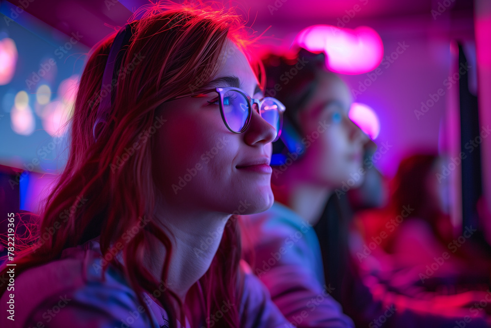 A group of students attending a virtual classroom session with an instructor.A woman in purple eyewear and headphones plays a video game on a computer