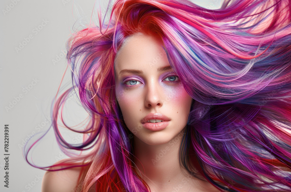 A beautiful woman with colorful hair posing for a professional photo shoot in studio lighting