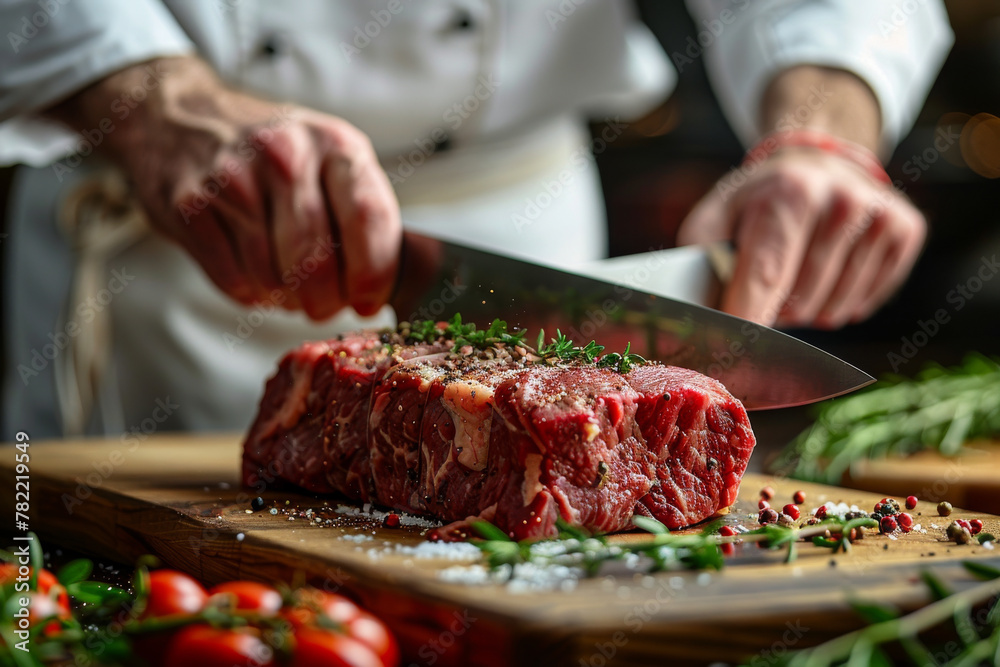 Professional Chef Seasoning Fresh Steak for Gourmet Meal Preparation
