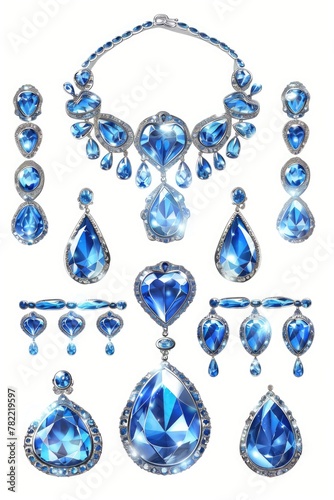 Elegant blue crystal jewelry set on a clean white background. Perfect for fashion or beauty concepts