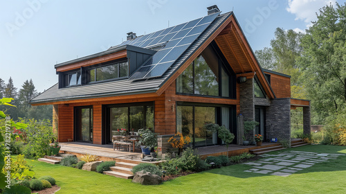 Visualize a modern eco-friendly house in sunlight with a gable roof covered in solar panels. This passive home is nestled in a landscaped yard, marrying sustainability with sleek design