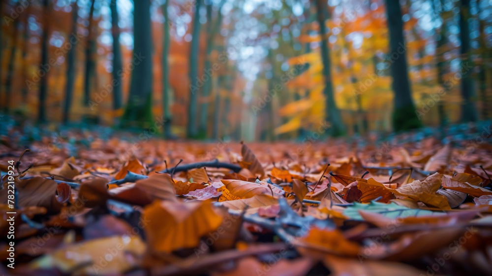 Autumn foliage scattered on the forest ground, with selective focus.