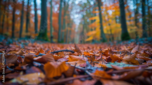 Autumn foliage scattered on the forest ground  with selective focus.