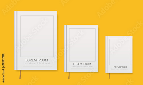 Mockup of white hardcover book set in different sizes on yellow background. Realistic vector illustration