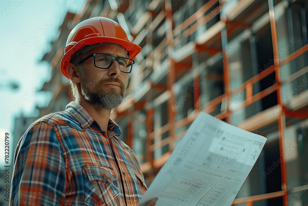 Construction supervisor reviewing blueprints at urban building site during daylight hours Construction supervisor reviewing blueprints at urban building site during daylight hours