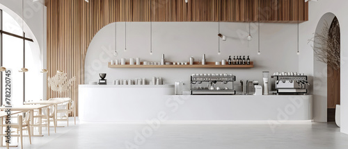 Coffee shop, cafe store, bar or restaurant with counter, glass windows. Showcase.Loft, modern interior mockup. Generative ai © Inai
