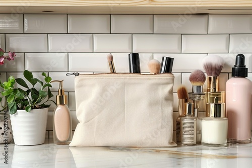 A makeup bag with a pink purse sits on a table with a variety of makeup products photo