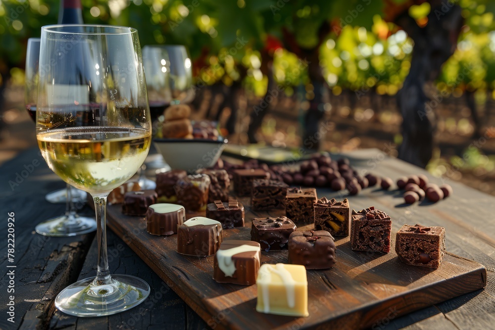An exquisite wine and chocolate tasting setup with a vineyard backdrop, perfect for gourmet experiences..
