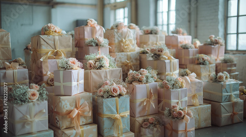 photo of wedding many gifts piled up in a big pile in a corner in a large bright room, a large number of gifts wrapped in light holiday paper with ribbons and bows, floral decoration. photo