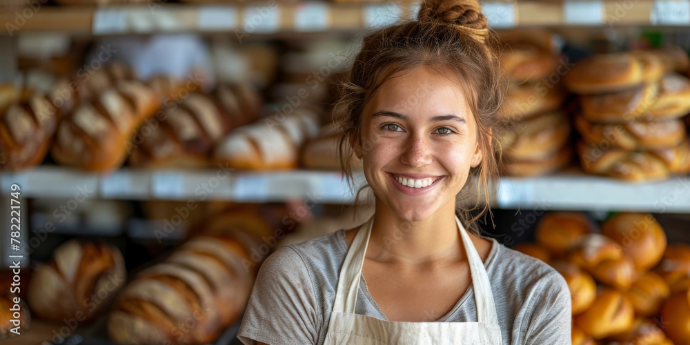 Smiling Female Baker in Apron at Artisan Bread Shop