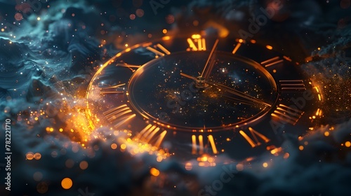 Futuristic Cosmic Clock Suspended in Ethereal Galaxy Backdrop