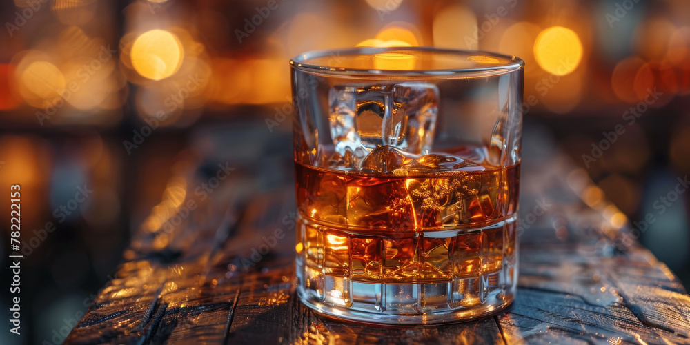 Amber Whiskey on the Rocks in a Glass with Warm Bokeh Background Amber Whiskey on the Rocks in a Glass with Warm Bokeh Background