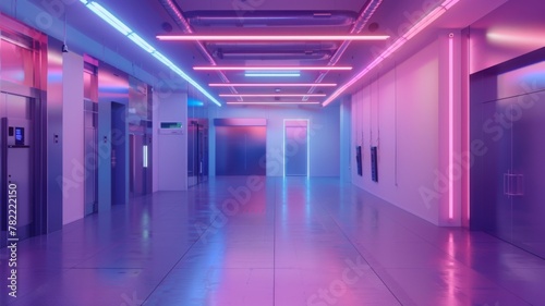 Neon-lit empty corridor with futuristic vibe - A corridor illuminated with pink and blue neon lights offering a modern, futuristic atmosphere in an industrial setting