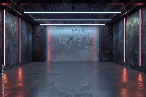 Futuristic hallway illuminated with neon lights - A corridor with glowing neon lights creating an eerie and modern atmosphere, featuring weathered walls and a distinct futuristic feel