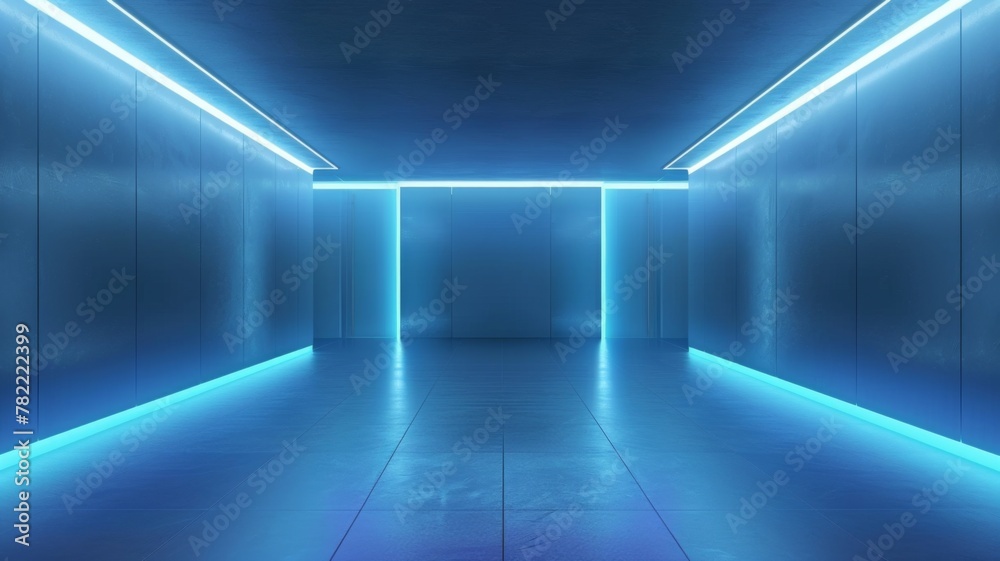 Futuristic blue-lit corridor with sleek design - A modern hallway illuminated with neon blue lights, giving a feel of futuristic architecture and advanced technology