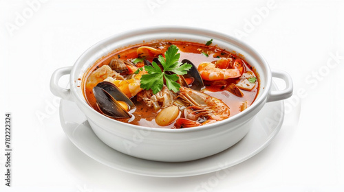Bowl with traditional French bouillabaisse soup with seafood on a white background