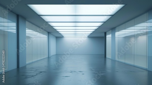 Minimalist modern corridor with bright lights - A sleek, expansive corridor with a minimalist design, illuminated by rows of fluorescent lights overhead