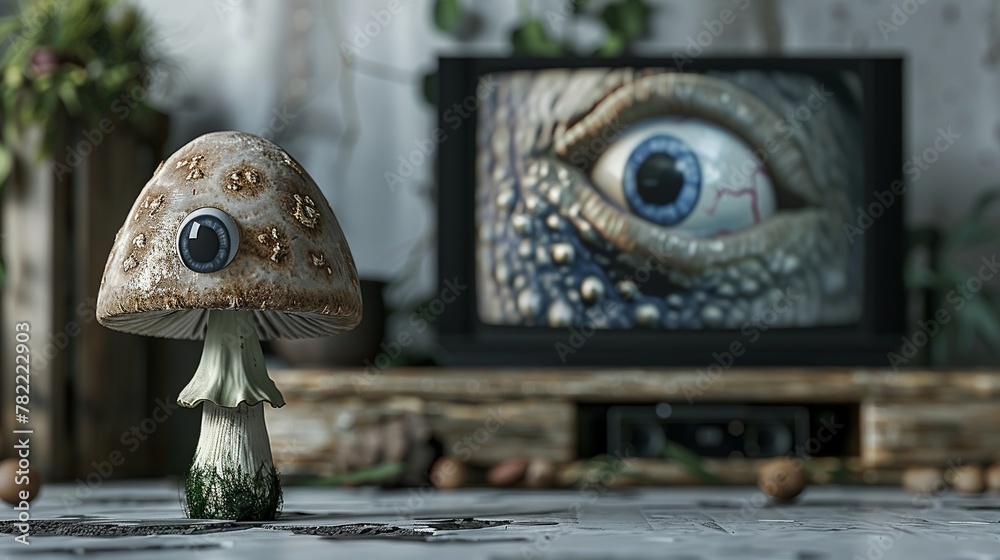 A mushroom with an eye, positioned in front of a TV, its gaze fixed on the dynamic energy of the screen, against a simple background,  - obrazy, fototapety, plakaty 