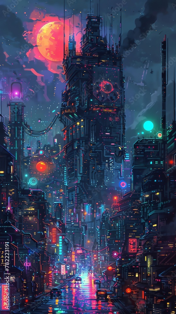 Illuminate the Cybernetic Canvas using pixel art, showcasing a futuristic world of neon colors and mechanical intricacies