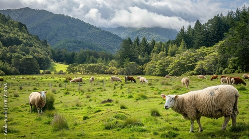 Sheep eating grass on green hill in South Island