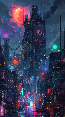 Illuminate the Cybernetic Canvas using pixel art, showcasing a futuristic world of neon colors and mechanical intricacies